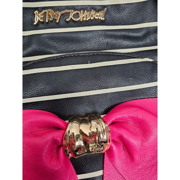 Bow Striped Faux Leather Backpack Black White Pink - Picture 2 of 12